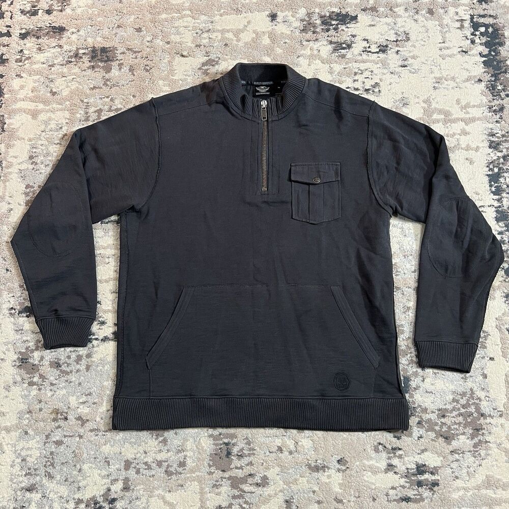 Harley Davidson Motorcycle Men’s 1/4 Zip Pullover Elbow Patch Kangaroo Pocket XL